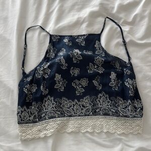 Floral Lace Trim Navy Blue Top